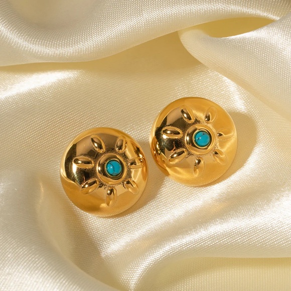 18K Gold Circle Earrings*Round Earrings*Turquoise Earrings - Picture 7 of 8